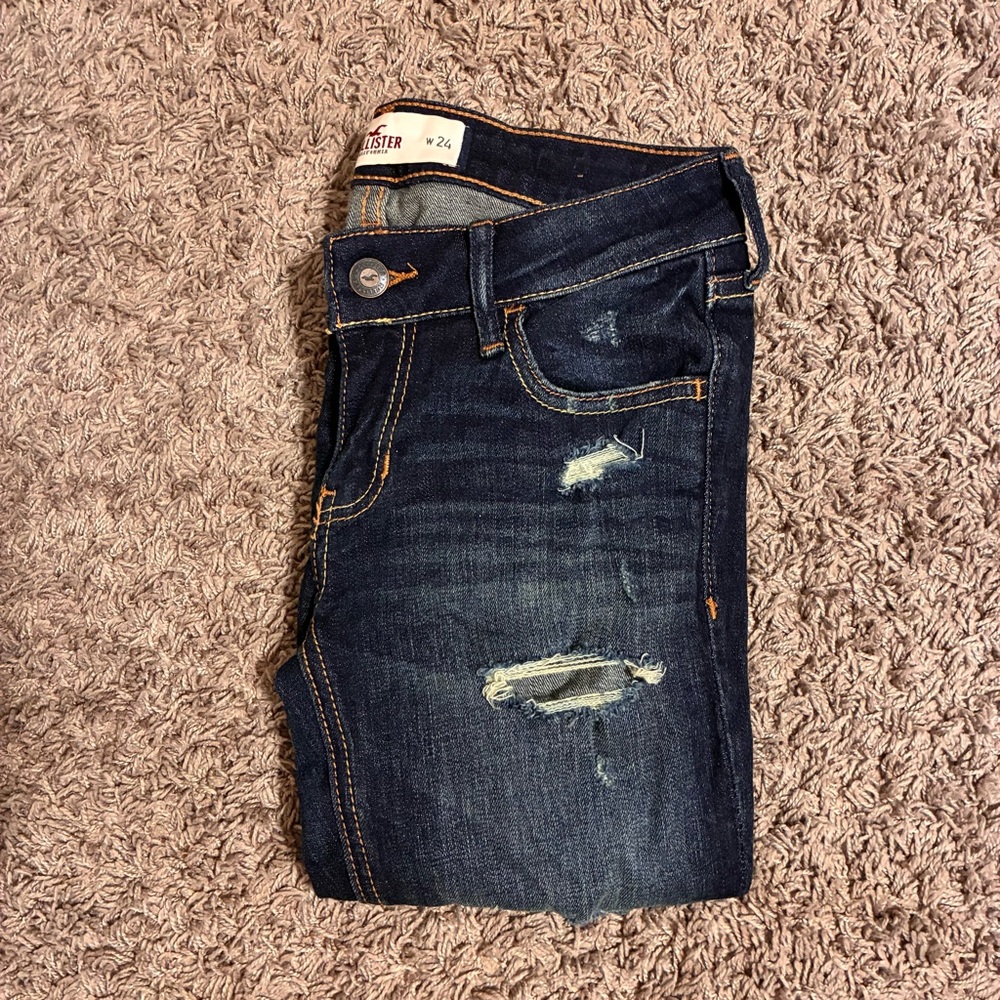 Hollister Women's Distressed Skinny Jeans - Dark Blue